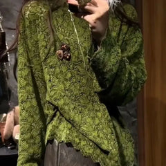 Cyflymder Elegant Green Floral Crochet Shirt Women Spring Autumn Vintage Lace Blouse Office Lady O-Neck Long Sleeved Loose Boho Top 855A