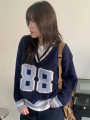 Cyflymder Thiened Long Sve Knitted Sweater Women's Chic Autumn Winter College Sle Color Blo Letter Design Versatile Knitwear