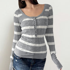 Cyflymder Women V‑Neck Striped Cable Knit Top Long Sleeve Henley Half Button Slim Fit Twist Knitted Casual Pullover Sweater