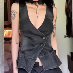 Cyflymder American Vintage Simple Deep V Neck Slim Waist Vest Personality Harajuku High Street All Match Women Camis Y2k Buttons Clothes