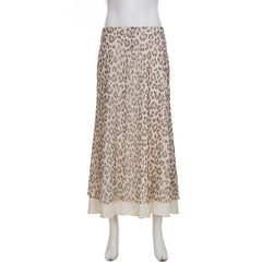 Cyflymder Fashion Leopard Print Double-Layered Long Skirt for Women New Trendy Slim Fit Ruffle Hem A-line Skirt Elegant Streetwear