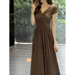 Cyflymder Elegant French Style V-neck Dress New Summer Slimming Waist-fitted Long Dress Side Slit For Women Smooths Your Silhouette