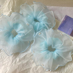 Cyflymder 1PC Elegant Tulle Organza Hair Scrunchie With Faux Pearls For Women Girls Large Ruffle Elastic Hair Tie Fashion Hair Accessories