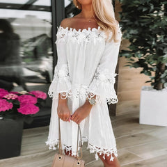 Cyflymder Floral Embroidery Summer Dress Women Lace White Boho Dress Off Shoulder Strapless Low Back Flare Long Sleeve Casual Short Dress