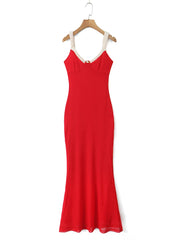 Cyflymder V Neck Spaghetti Strap Red Party Women's Dress Flower Decor Elegant Sleeveless Bodycon Maxi Vestidos Beach Casual Long Robe