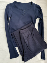 Cyflymder Eyelet 2 Piece Sets Women Navy Buttons Cotton Long Sleeve Tee+Elastic Waist Straight Trousers Home Sweet T-shirt Pant Pajama Set