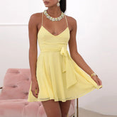 Cyflymder Summer Women's Mini Cami Dress A-Line Dot Print V Neck Open Back Tie Waist Spaghetti Strap Dress for Party Club