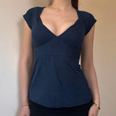 Cyflymder Milkmaid V-neck Top Women's Elegant Slim-fit Back Tie-up Bow T-shirt Short Sleeve Causal Basic Tees Streetwear Retro