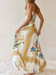 Cyflymder Printed Chic Strapless Floor Dress Women Backless Slim Elastic High Waist Pleated Vacation Dresses 2025 Summer Party Lady Robe