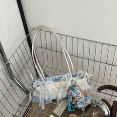 Cyflymder Bow Plaid Blue Purse Shoulder Bag Women Fairy Core Aesthetic Trendy Silk Ribbon Chic Y2k Handbag Ladies Sweet Cute Underarm Bag