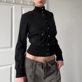 Cyflymder Early Autumn New American Safair Big Pockets Stand Collar Cardigan Y2k Spice Slim Waist Short Casual Coat Single Breasted Jacket