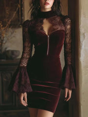 Cyflymder Elegant Lace Velvet Patchwork Sexy Mini Dress for Women's Flare Sleeve Hollow Out Zip-up Slim See Through Autumn Casual Dress