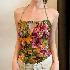 Cyflymder Vintage Euramerican Temperament Halter Sleeveless Beach Style Tank Tosp Y2k Hollow Out Beading Flower Print Camisole Punk Tops