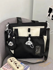 Cyflymder Cute Color-Block Fresh Style Crossbody Bag Japanese School Aesthetic Spacious Tote for Girls All-in-One Student Study Bag