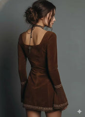 Cyflymder Elegant Suede Lace Trim Mini Dress Flare Sleeve Velvet Square Collar Sexy Vintage Casual Chic Floral Printed Retro Fashion Dress
