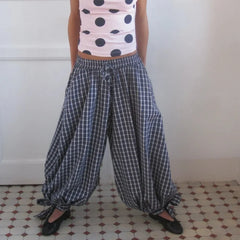 Cyflymder Womens Vintage Y2k Plaid Long Bloomers Mid Rise Loose Fit Bow Tie Hem Drawstring Pants Fashion Streetwear