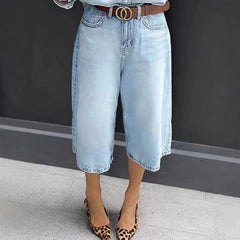 Cyflymder Women's Jeans Cotton Washed Mid Waist Denim Pants Wide Leg Light Wash High Waisted Denim Trousers Button Fly Cropped Length