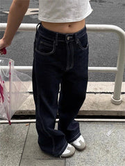 Cyflymder Women's Retro Embroidery Wide Legs Jeans High Waist Large Size Trousers Cool Girl Casual Bottoms Female Summer Solid Color Pants