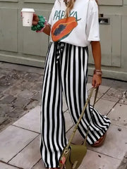 Cyflymder Ladies Pants Oversized Casual Striped Trousers Colorblocked Printed Straight Slacks Versatile Relaxed Elastic Bottoms