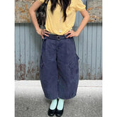 Cyflymder American Retro Plus Size Washed Wide Leg Denim Pants Women Multi Pocket Belted Design Cropped Pants Chic Streetwear Daily Casual