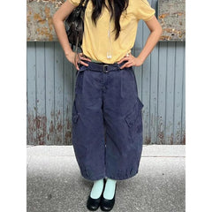 Cyflymder American Retro Plus Size Washed Wide Leg Denim Pants Women Multi Pocket Belted Design Cropped Pants Chic Streetwear Daily Casual