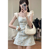 Cyflymder Vintage Floral Mini Dress Women Party Elegant Bow Lace Dresses Summer Korean Flying Sleeve Square Collar Bodycon Design Vestidos