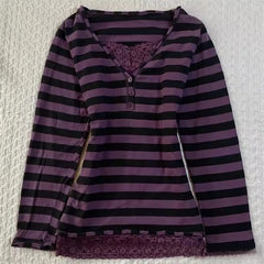 Cyflymder Spice Women Spliced Lace V Neck Long Sleeve T Shirts Y2k Aesthetic Euramerican Constrast Color Striped Clothes Harajuku Tops