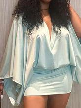 Cyflymder Women Casual Batwing Sleeve Solid Color Short Dress Elegant Draped Satin Wrap Hip Dress Sexy Deep V-neck Hight Waist Mini Dress