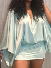 Cyflymder Women Casual Batwing Sleeve Solid Color Short Dress Elegant Draped Satin Wrap Hip Dress Sexy Deep V-neck Hight Waist Mini Dress