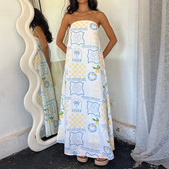 Cyflymder Beach Holiday Strapless Maxi Tube Dress Vintage Fruit Print Backless Swing Loose Dress Women Summer Boho Off Shoulder Long Dress