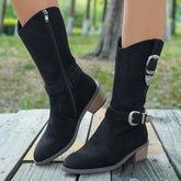 Cyflymder Sharp pointed frosted cloth mid length boots, bimetallic buckle decorative side zipper knee length boots, plus size women's shoe