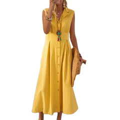Cyflymder Women Suit Lapel High Waist Dresses Solid Color Cotton Linen Single-breasted Cardigan Dress Female Commuter Sleeveless Long Gown