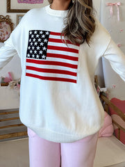 Cyflymder Women s Casual Long Sleeve Round Neck Knit Sweater with Vintage American Flag Print Loose Pullover for Spring