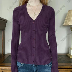Cyflymder Women Y2K Purple V‑Neck Knit Cardigan Long Sleeve Ribbed Sweater Slim Fit Cropped Soft Stretchy Casual Fall Daily Basic Tops
