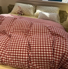 Cyflymder Cute sweet cherry plaid red green bedding set,twin full queen king kawaii INS cotton home textile sheet pillow case quilt cover