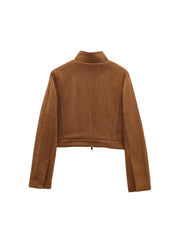 Cyflymder Women's Brown Suede Stand Collar Short Jacket Long Sleeve Zipper Y2K Streetwear Spring Fashion Brown Coat for Ladies