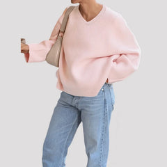 Cyflymder Autumn Women’s Loose Fit Casual Solid Color Long Sleeve V-Neck Knit Sweater Fashion Pullover Top