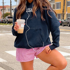 Cyflymder y2k Hoodies Sexy Women Letter American Flag Embroidered Loose Fit Long Sleeve Hooded Sweatshirt with Pocket Streetwear
