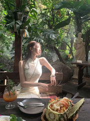 Cyflymder Chinese Style Jacquard Cheongsam Women Spring Halter Dress