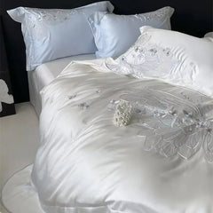 Cyflymder Luxury Butterfly Embroidery Bedding Set 1000TC Lyocell Cotton Soft Silky Duvet Cover Set Flat/Fitted Bed Sheet Pillowcases 4Pcs