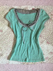 Cyflymder Green Striped O Neck Fashion Versatile Short Sleeved T-shirt Women Summer New Outfit Wearing Spicy Girl Slim Top Ins