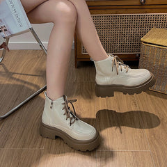Cyflymder Platform Thick Bottom Warm Short Plush Women Motorcycle Boots Fashion Lace Up Shoes Autumn Winter Female Short Booties