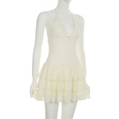 Cyflymder Holiday Hollow Out Halter A-Line Dress Sexy Slim Deep V-Neck Sleeveless Mini Dresses For Women Summer Fashion Lady