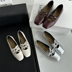 Cyflymder Korean Style Flat Bottom Butterfly Knot Single Shoes Women's Silver Mary Janes Low Heel Square Toe Synthetic Inner Slip-On Shoes