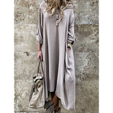 Cyflymder Tinaa Bohemian Style Irregular Womens Dresses Plus Size Solid Color Hooded Long Sleeve Big Size Lazy Shirt Dress 74834