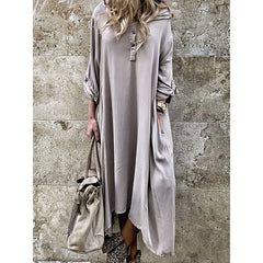 Cyflymder Tinaa Bohemian Style Irregular Womens Dresses Plus Size Solid Color Hooded Long Sleeve Big Size Lazy Shirt Dress 74834