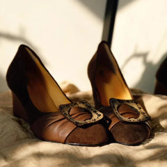Cyflymder French Retro Wooden Square Buckle Pumps Women Shallow Mouth Premium Round Toe Wedge Heel Vintage Dress Footwear