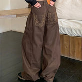 Cyflymder Women Vintage Brown Wide Leg Denim Pants Fashion Floral Embroidery Back Pocket Autumn High Waist American Loose Baggy Jeans