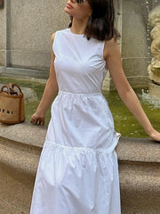 Cyflymder Women's Elegant White Maxi Dress Pleated Round Neck Sleeveless Dress New Spring and Summer Fashion Party Beach Holiday Dress