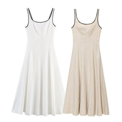 Cyflymder Women's Summer Commuter Simple Casual Midi Dress Sleeveless Square Neck Open Back Side Zipper Bright Line Women's Elegant Dress